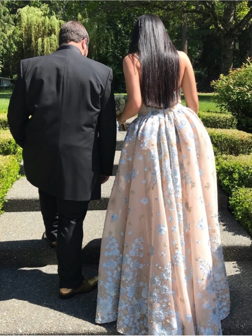 Sherri Hill burlap and Pale Blue One-Shoulder Floral Appliqué Prom Gown - Picture 2 of 3